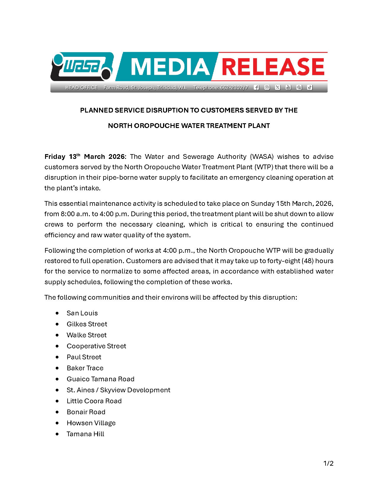 Service Disruption - North Oropouche WTP page 1